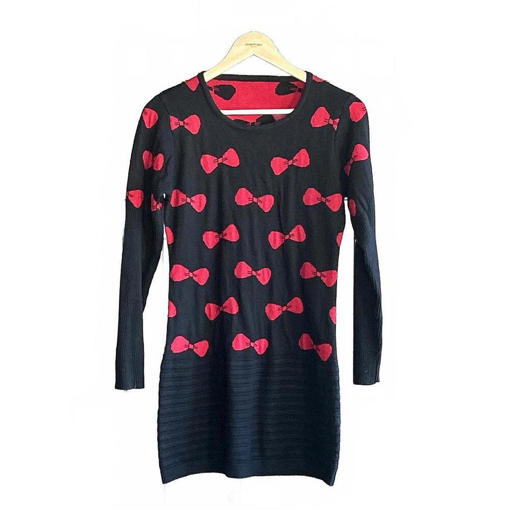 Womens Knit Dress Small Black Red Bows Long Sleeve Mini Round Neckline Bodycon